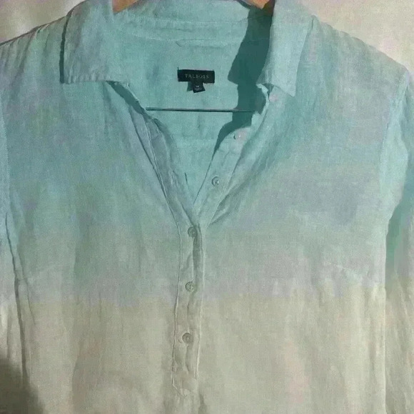 Talbots 100% Linen Beach Ombré Dip Dye Blue Tunic Roll Tab Sleeves Size Medium - Picture 3 of 10